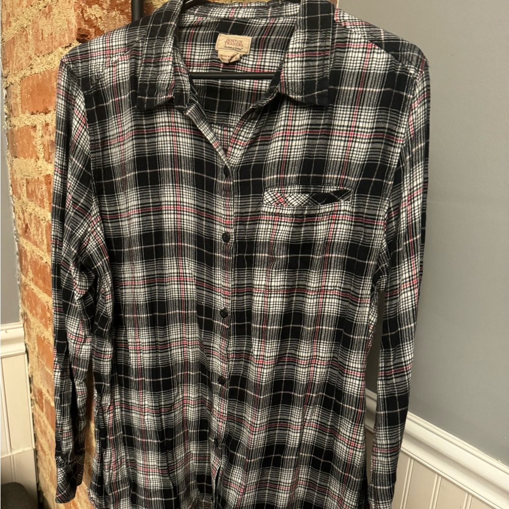 Boston Traders Women’s Plaid Tunic Button Down Long Sleeve Shirt Size Large